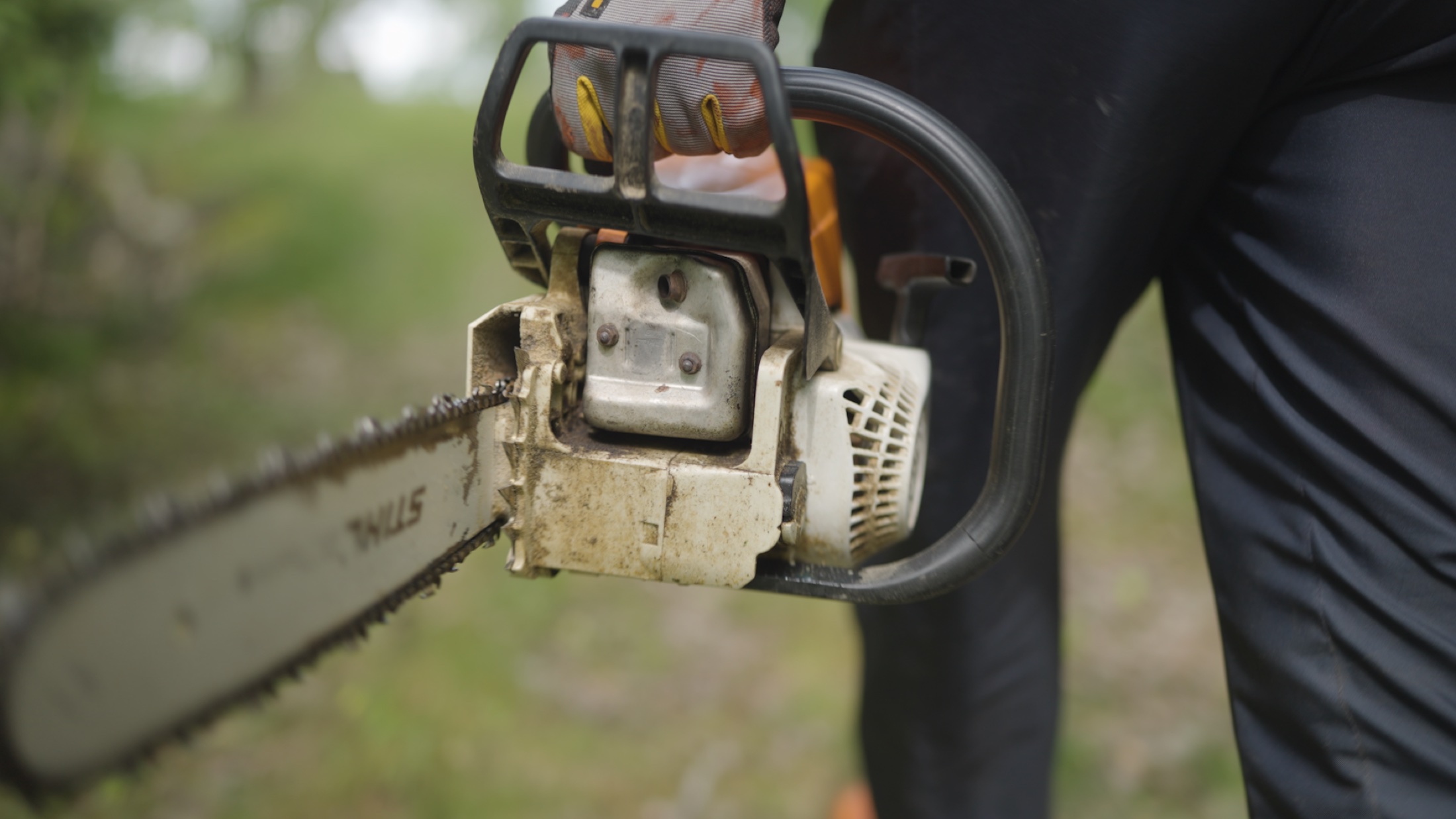 Close detail of a chainsaw in the forest